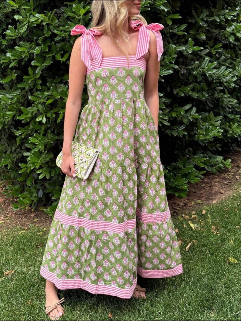 Pink & Green Tie-Shoulder Floral Maxi Dress